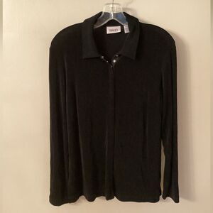 CHICO'S TRAVELERS MED VTG 90S BLACK FULL SNAP FRONT COLLARED LONG SLEEVE BLOUSE